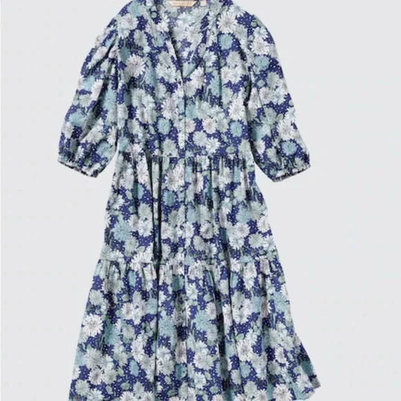Uniqlo x Paul & Joe Navy Blue Floral Button Down Puff Sleeve Tiered Dress Size M - Picture 3 of 16